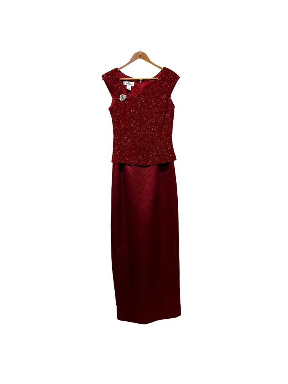 Vintage 90s Patra Red Sleeveless Formal Gown With Sequin Detail & Brooch Size 8